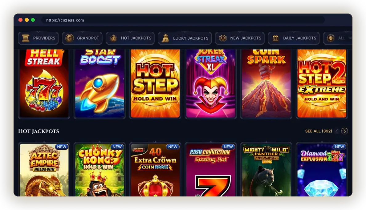 Cazeus Jackpots page with GrandPot and Hot Jackpots rows