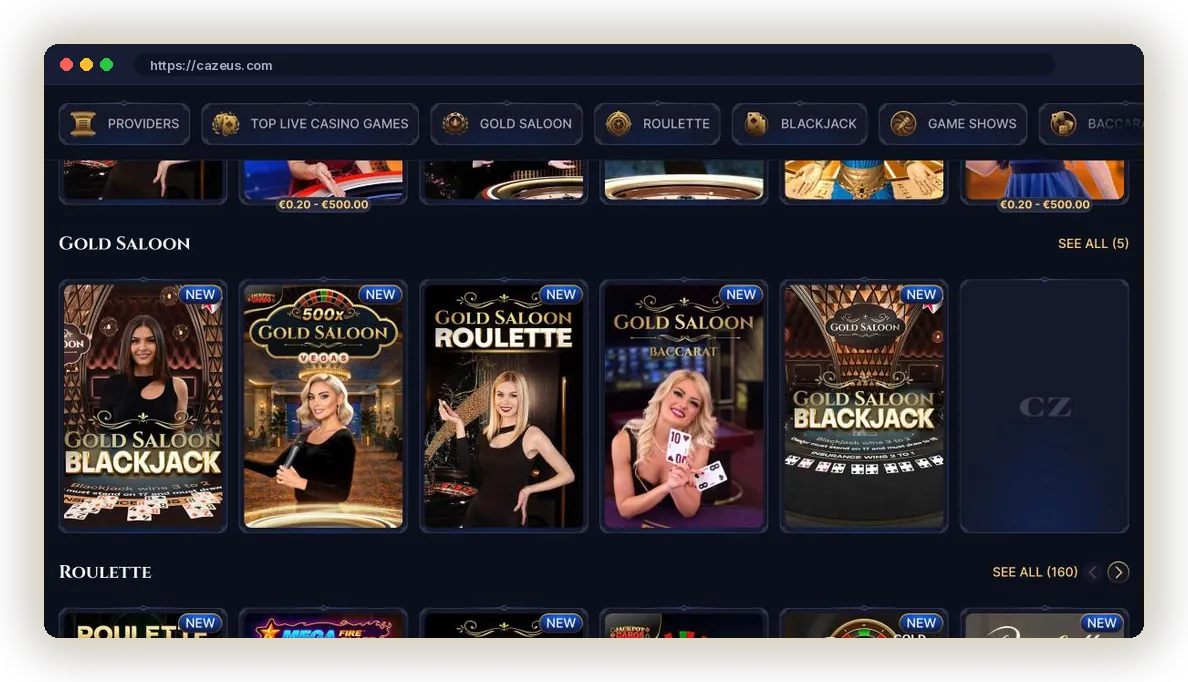Cazeus Live Casino with Gold Saloon blackjack, roulette and baccarat tables