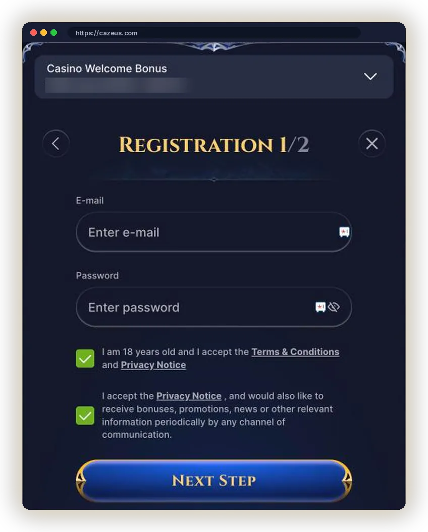 Cazeus Registration 1/2 form with e-mail, password and 18+ consent checkboxes