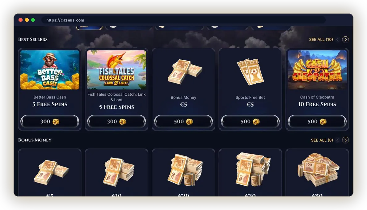 Cazeus Shop with Best Sellers, free spin packs and bonus money priced in coins
