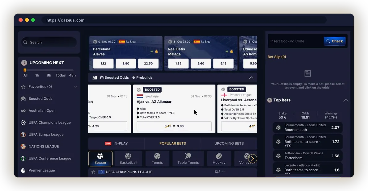 Cazeus sportsbook with Boosted Odds, bet slip, booking code and Top bets